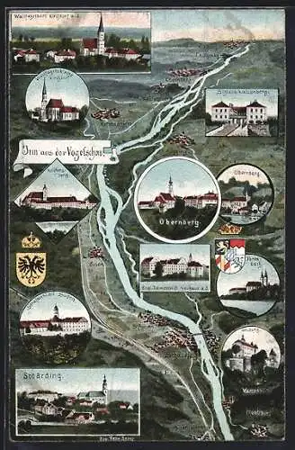 Künstler-AK Eugen Felle: Schärding, Inn aus der Vogelschau, Umgebungskarte