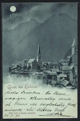 Mondschein-AK Hallstatt, Ortspartie am Ufer