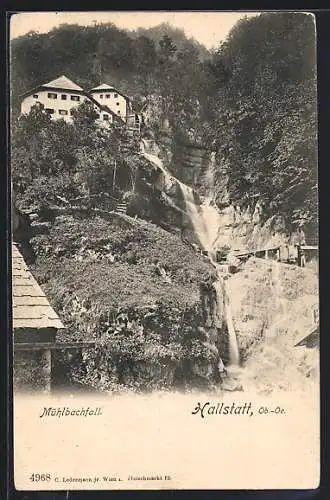 AK Hallstatt, Mühlbachfall, von unten gesehen