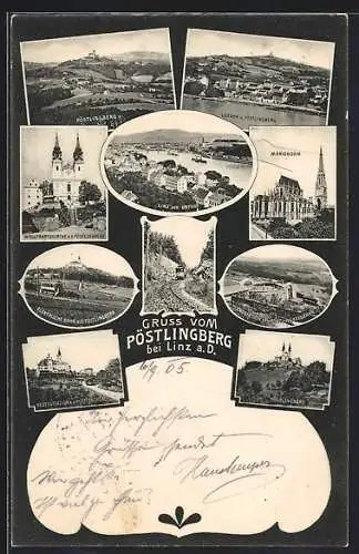 AK Pöstlingberg bei Linz, Restaurant, Wallfahrtskirche, Elektrische Bahn, Bahnhof, Mariendom