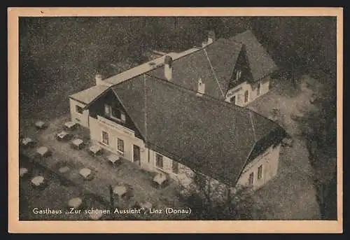 AK Linz, Gasthaus zur schönen Aussicht von oben herab gesehen