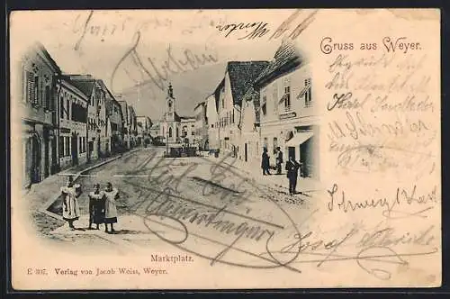 AK Weyer, Mädchen auf dem Marktplatz, Blick zur Kirche