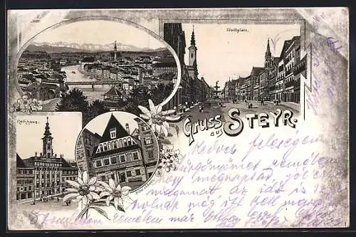 Lithographie Steyr, Hotel zum Löwen, Rathhaus, Stadtplatz