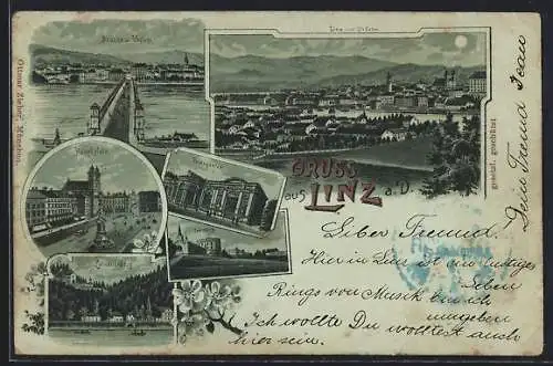 Mondschein-Lithographie Linz a. D., Volksgarten, Hauptplatz, Freinberg, Calvarienberg