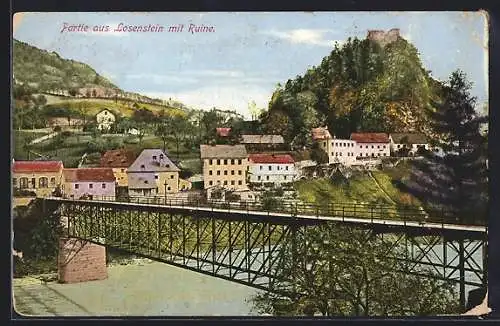 AK Losenstein, Teilansicht mit Brücke und Ruine