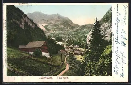 AK Hallstatt, Ortspanorama mit Salzberg