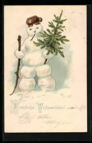 AK Schneemann trägt einen Tannenbaum, Weihnachtsgruss