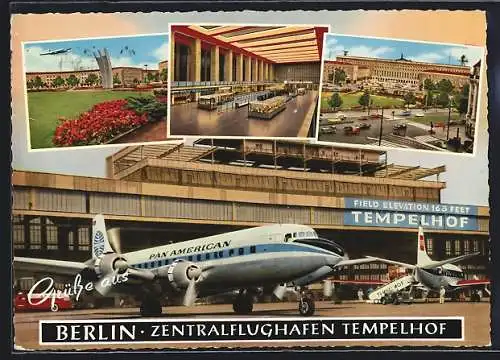 AK Berlin-Tempelhof, Zentralflughafen, Flughafengebäude, Flugzeug der Pan American