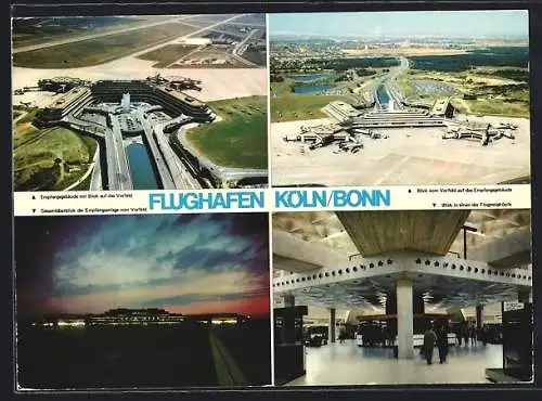 AK Köln, Flughafen Köln / Bonn, Empfangsgebäude mit Blick auf das Vorfeld, Blick in einen der Flugsteigköpfe