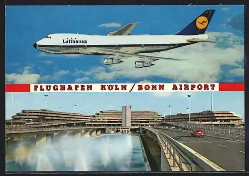 AK Köln, Auffahrt zum Flugahfen Köln / Bonn, Lufthansa Boing in der Luft