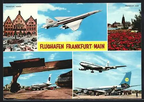 AK Frankfurt am Main, Flughafen, Boeing-Jets der Lufthansa u. Pan American, Concorde, Dom u. Römer