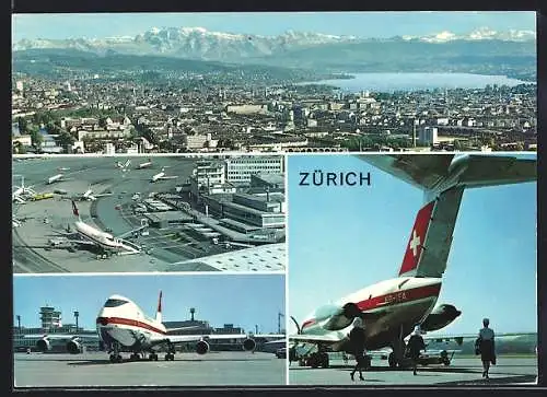 AK Zürich, Flughafen, Blick auf Stadt und Alpen