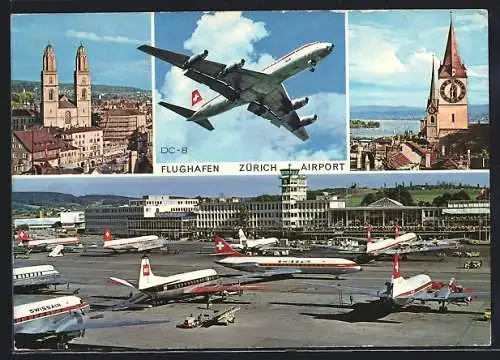 AK Flughafen Zürich-Kloten, Flugzeuge der Swissair und Motive aus dem Ort