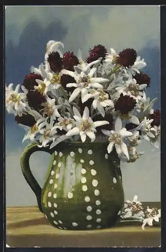 Künstler-AK Photochromie Nr. 746: Blumenvase mit Strauss Edelweiss