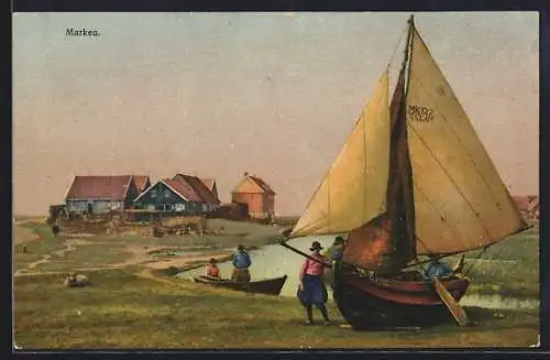 Foto-AK Photochemie Berlin Serie 164, Nr. 2946: Marken, Holländer mit einem Segelboot