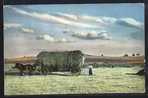 AK Photochromie NR. 1733: Bauern auf dem Feld mit einem Pferdewagen bei der Ernte