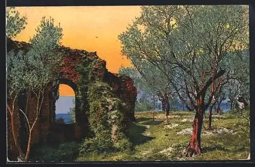 Künstler-AK Photochromie Nr. 1850: Ruine in hügeliger Landschaft mit Bäumen