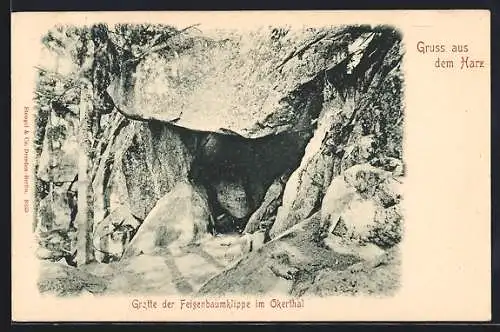 AK Gruss aus dem Harz, Grotte der Feigenbaumklippe im Okerthal, Höhle