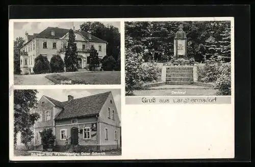 AK Langhermsdorf, Bäckerei und Warenhandlung Oskar Schmidt, Schloss und Denkmal