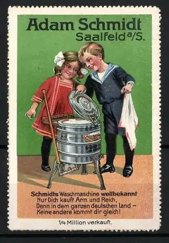 Reklamemarke Saalfeld a. S., Adam Schmidt, Schmidt`s Waschmaschine ist weltbekannt, Kinderpaar öffnet eine Waschmaschine