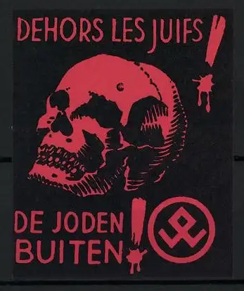 Reklamemarke Judaika, Dehors Les Juifs, De Joden Buiten, menschlicher Schädel