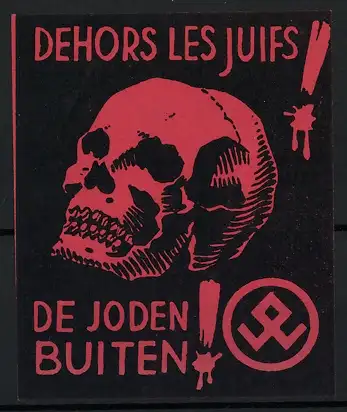 Reklamemarke Judaika, Dehors Les Juifs, De Joden Buiten, menschlicher Schädel