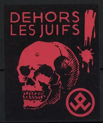 Reklamemarke Judaika, Dehors Les Juifs, De Joden Buiten, menschlicher Schädel