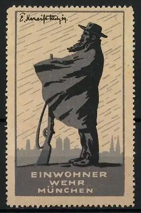 Künstler-Reklamemarke E. Kneiss, Einwohner Wehr München, Wache am Stadtrand