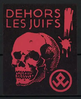 Reklamemarke Judaika, Dehors Les Juifs, De Joden Buiten, menschlicher Schädel