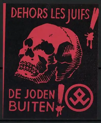 Reklamemarke Judaika, Dehors Les Juifs, De Joden Buiten, menschlicher Schädel