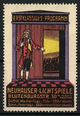 Reklamemarke Neuhauser Lichtspiele, Blutenburgstrasse 30, erstklassiges Programm, Einlasser