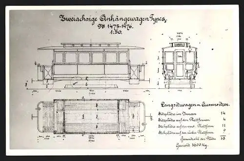 Fotografie Verlag Zeitschrift Eisenbahn, Wien, Grundriss eines Zweiachsigen Anhängewagen Typ 1475-1476, Strassenbahn