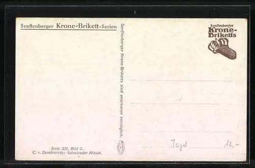 Künstler-AK röhrender Hirsch und Hirschkühe in den Bergen