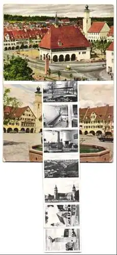 Leporello-AK Freudenstadt /Schwarzwald, Marktplatz mit Ansichten von Kurhaus mit Foyer und Kaminzimmer, Rathaus, Kirche