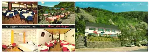 Klapp-AK Ahrbrück-Pützfeld, Hotel-Restaurant Zum Ahrbogen v. Hans-Toni Müller, Innenansichten und Terrasse