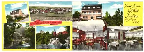 Klapp-AK Mayen /Eifel, Hotel-Pension Gilles Kollig mit Innenansichten, Wasserfall mit Burg Pyrmont