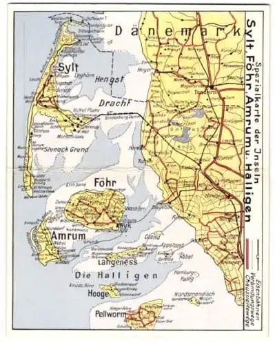 Klapp-AK Wyk /Föhr, Landkarte der Inseln Sylt, Föhr, Amrum und der Halligen