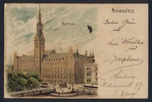 Lithographie Hamburg, Blick zum Rathaus, mit Glitzer-Perlen