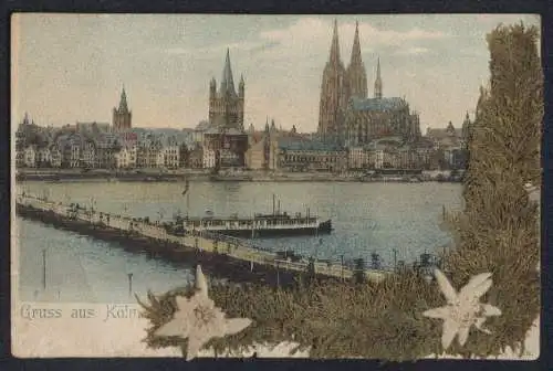 AK Köln, Panoramablick mit Badeanstalt auf dem Rhein und dem Dom, echtes Edelweiss