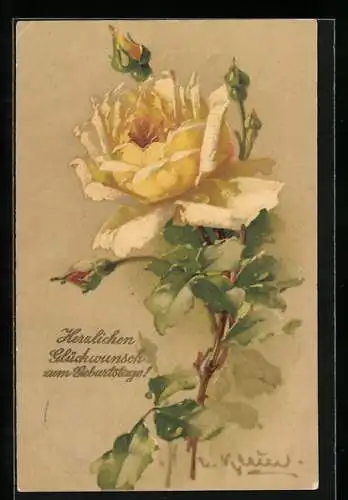 Künstler-AK Catharina Klein: Gelbe Rose mit Knospen und Blättern