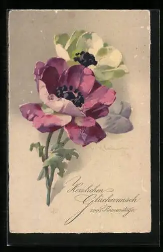 Künstler-AK Catharina Klein: Zwei Anemonen mit violetten und weissen Blüten