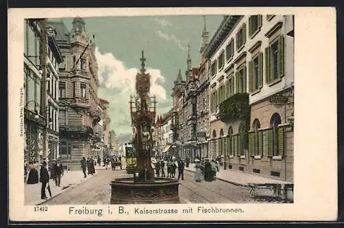 AK Freiburg, Kaiserstrasse mit Fischbrunnen, Strassenbahn