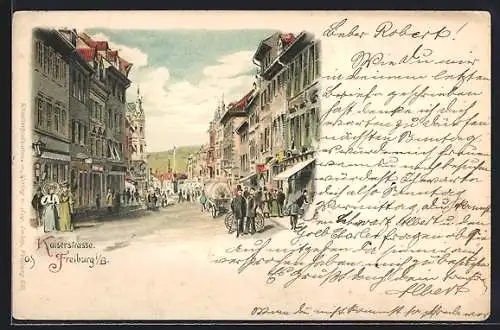 Lithographie Freiburg i. Br., Passanten und Geschäfte in der Kaiserstrasse