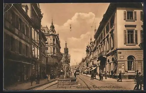 AK Freiburg i. Br., Kaiserstrasse mit gothischem Brunnen