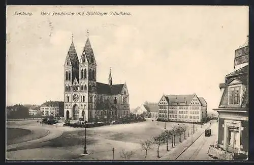 AK Freiburg i. Br., Herz Jesukirche und Stühlinger Schulhaus