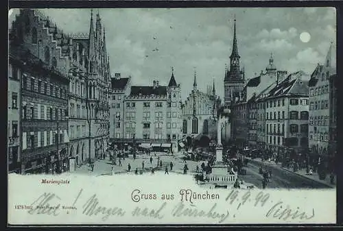 Mondschein-AK München, Geschäfte am Marienplatz