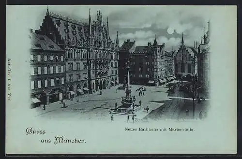 Mondschein-AK München-Au, Neues Rathaus mit Mariensäule