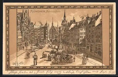 Lithographie München, Marienplatz mit Passanten