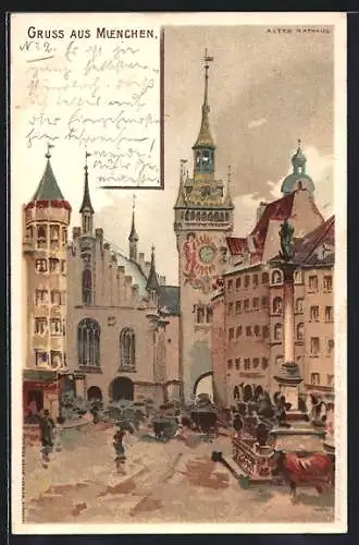 Lithographie München-Au, Partie am alten Rathaus