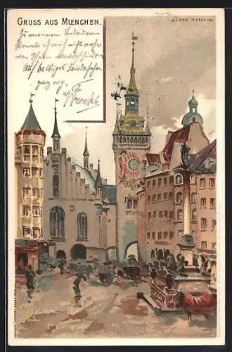 Lithographie München-Au, Partie am alten Rathaus